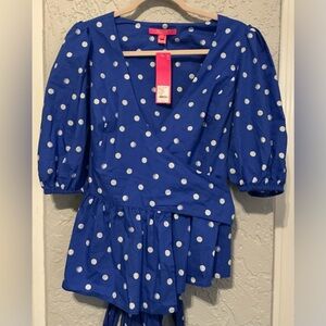 Lilly Pulitzer Blue and White Polka Kara Cotton Wrap Top (NWT)